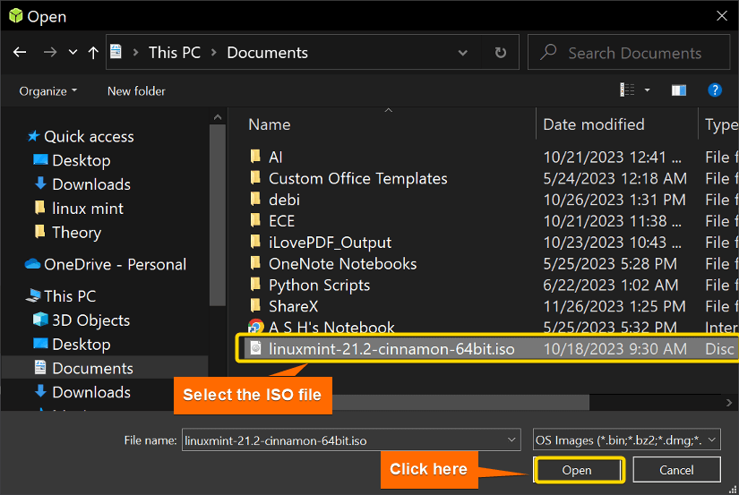 Selecting the ISO file of linux mint