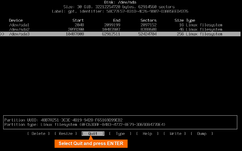 quit from cfdisk disk partition tool
