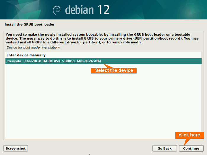 Select device for boot installation