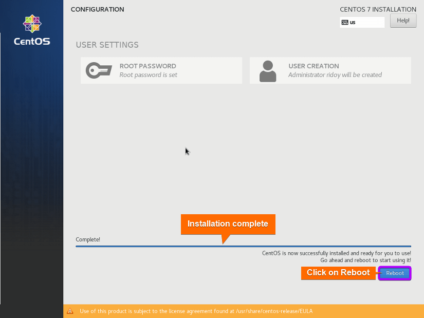 centos installation complete. reboot the system.