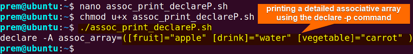 printing bash associative array using declare -p