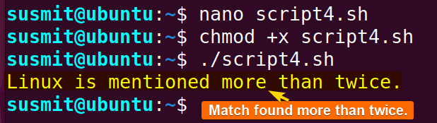 The “Linux” word has been found more than twice inside the file1.txt file.
