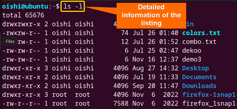 Showing a detailed information of files and directories