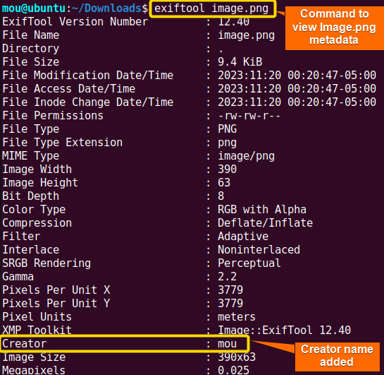 adding creator name to metadata using exiftool