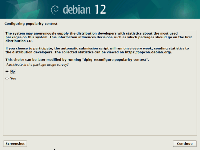 Select "No" to configure popularity contest