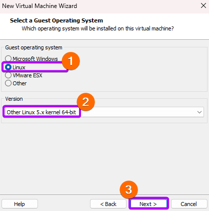 Select Linux as guest operating system and choose a version of that.