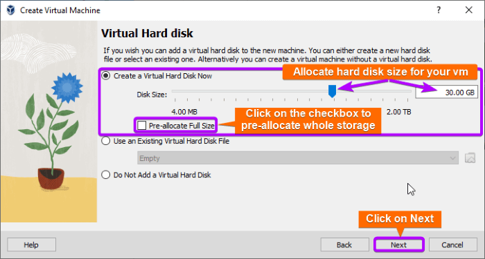 set storage size for VM