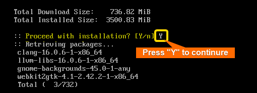 Shows the installation of "grub, gdm".
