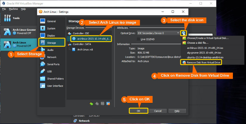 remove arch linux iso image from vm