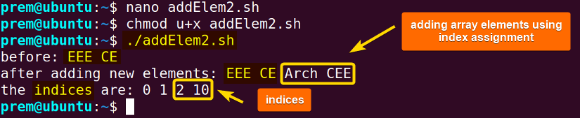 adding elements of array using index assignment