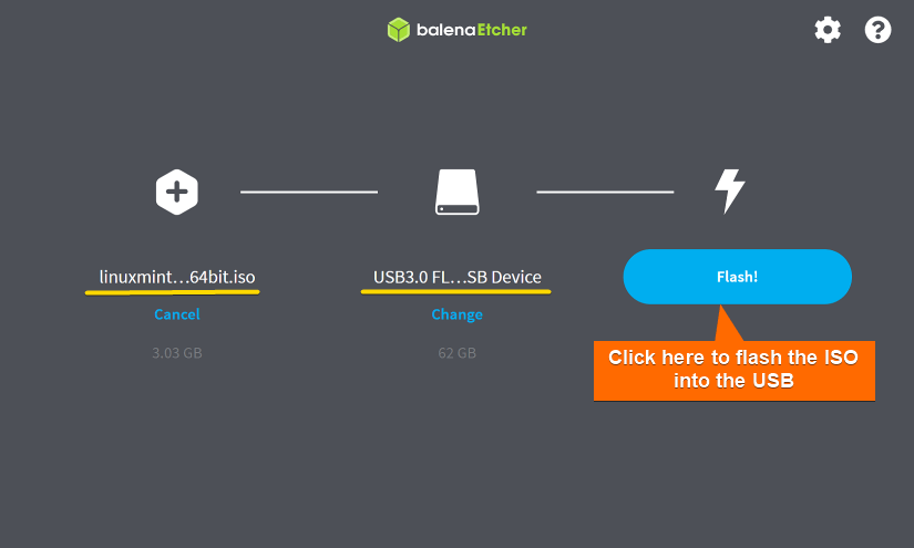 Clicking on "Flash" in Etcher to start flashing the ISO into the USB