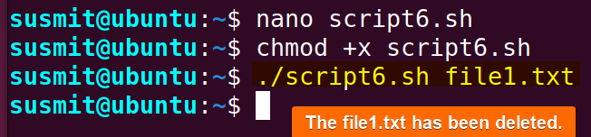 After checking the existance of file, the bash script has removed the file1.txt file.