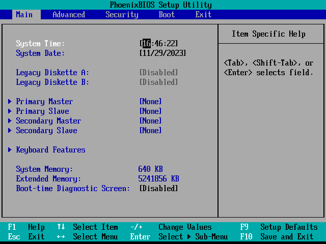 PhoenixBIOS Setup utility interface.