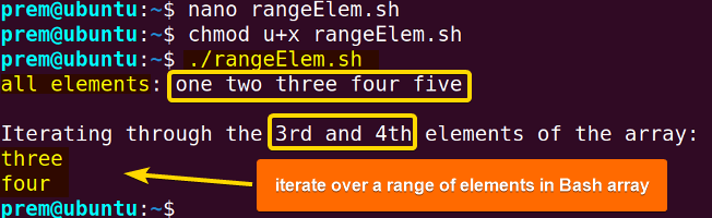 bash iterate array to print range of elements