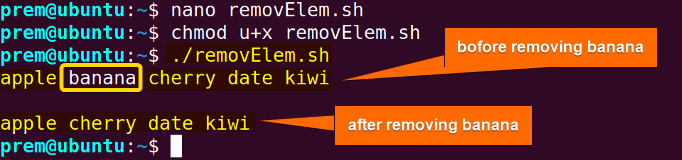 removing array element using unset command
