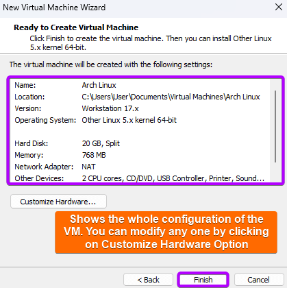Shows the settings of the VM