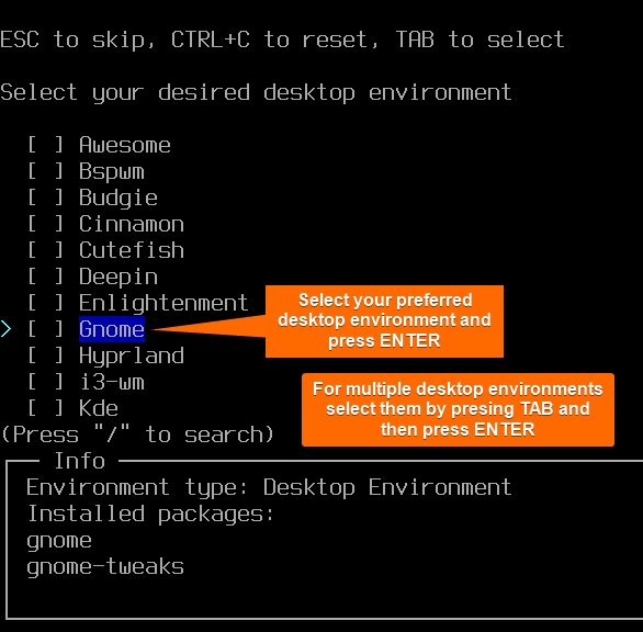 select your preferred desktop environment