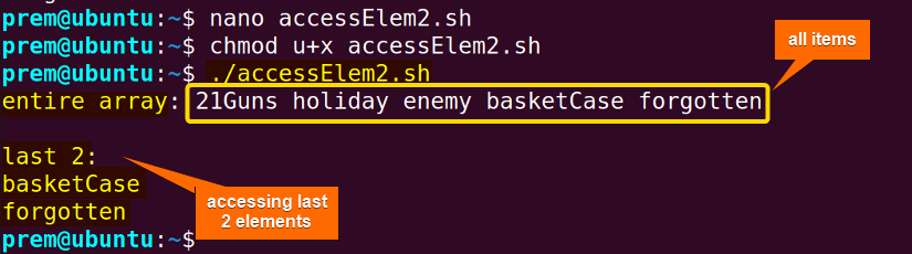 printing last 2 elements of an indexed array in Bash