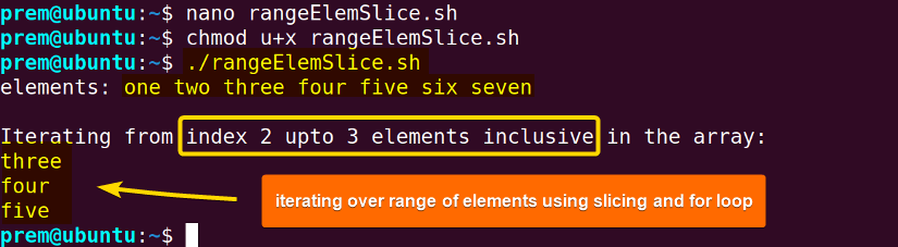 bash iterate array with slicing to print range of elements