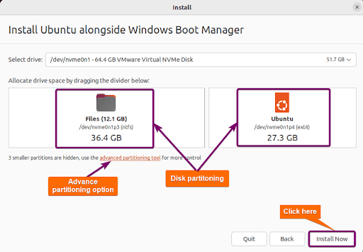 default disk partition allocates 36.4 GB for windows and 27.3 GB for Ubuntu