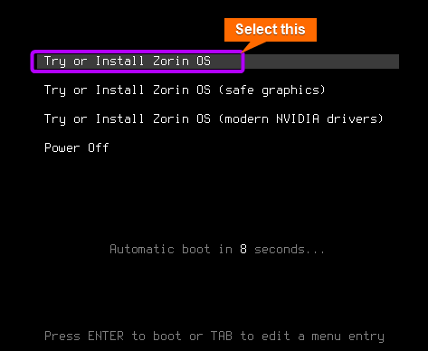 Select try to install zorin os