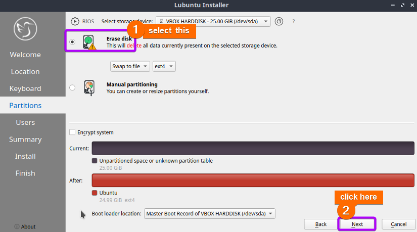 Configure partitions by selecting Erase disk