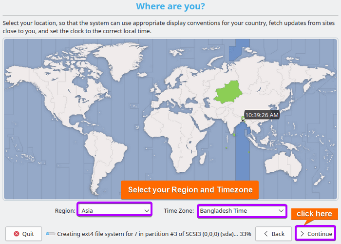select your region and time zone