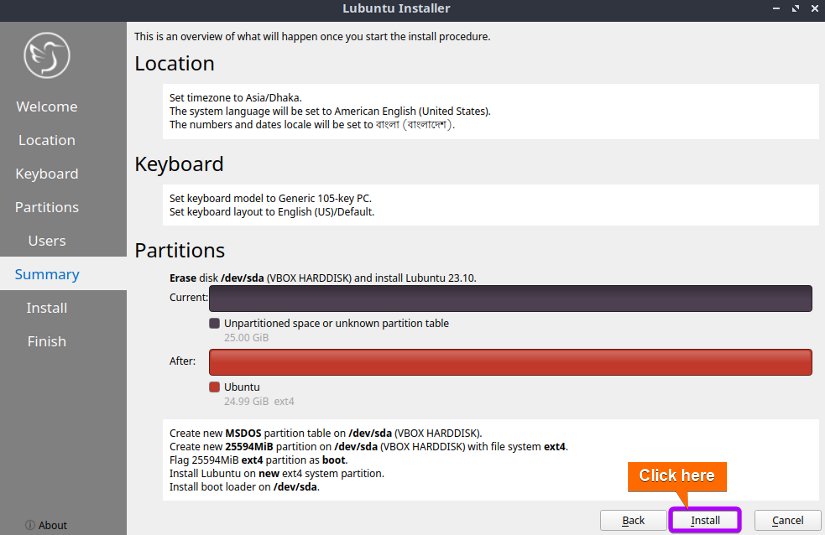 shows summary now click on installation