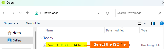 Select Zorin ISO file