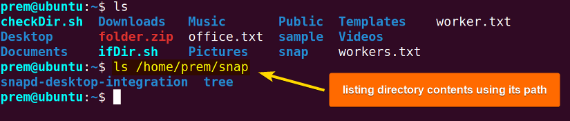 listing folder with ls and its path
