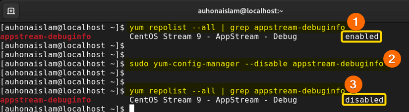 Shows the command to disable a repository.