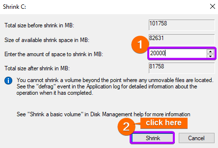 Specify the shrink disk size.