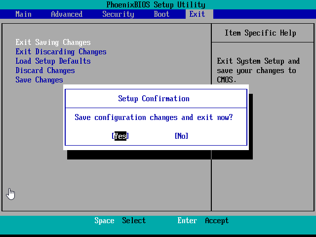 Clicking "Yes" to confirm boot sequence