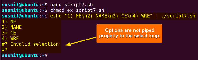 Options are not piped properly to the select loop.