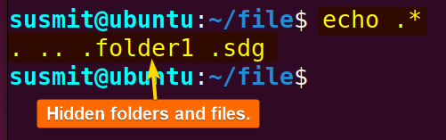 The echo command has printed all the hidden files and folders. 