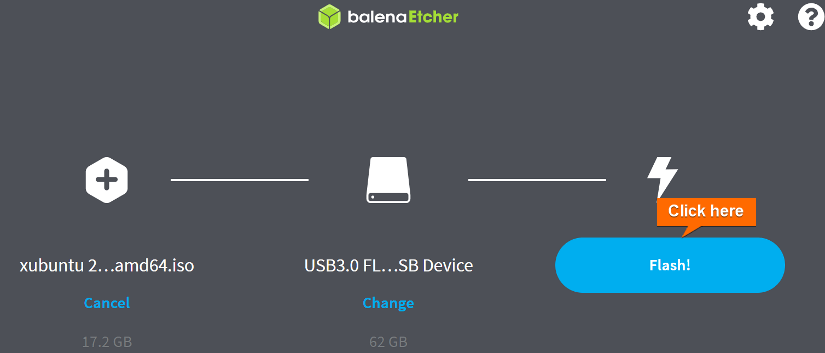 Click on Flash on Etcher