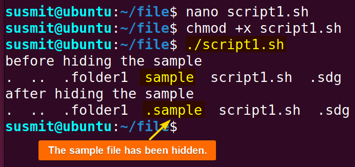The mv command has made the file sample hidden.