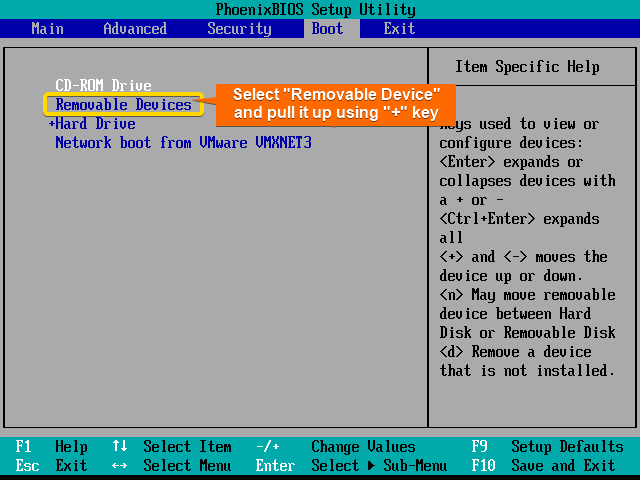 Pull the "Removable Devices" option at first using plus "+" key