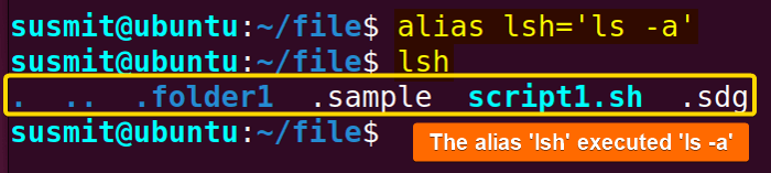 The alias has printed the hidden and visible files and folders.