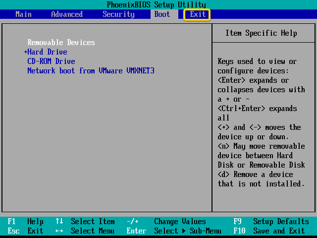 Go to "Exit" using RIGHT ARROW key