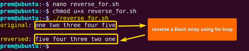 for loop to reverse bash array 