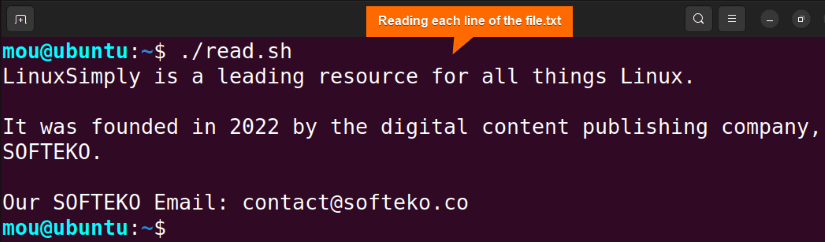 reading file line with read command using while loop