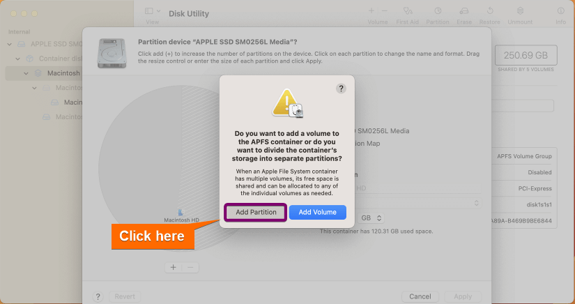 Clicking on Add partition