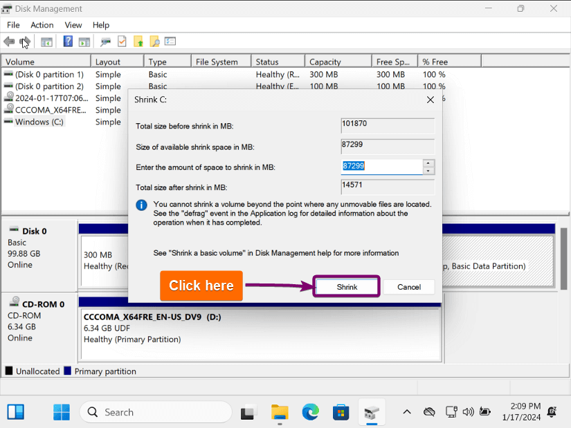 Clicking okay to confirm shrink