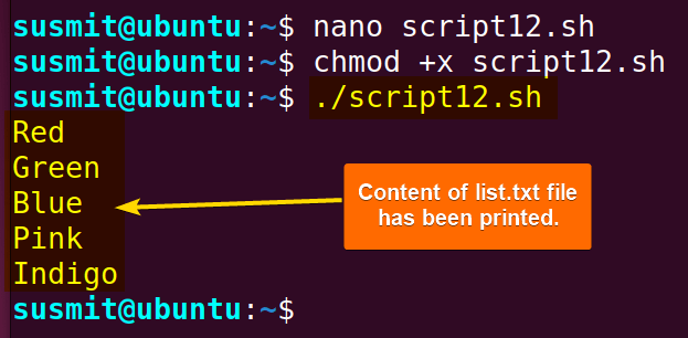 Content of list.txt file has been printed.