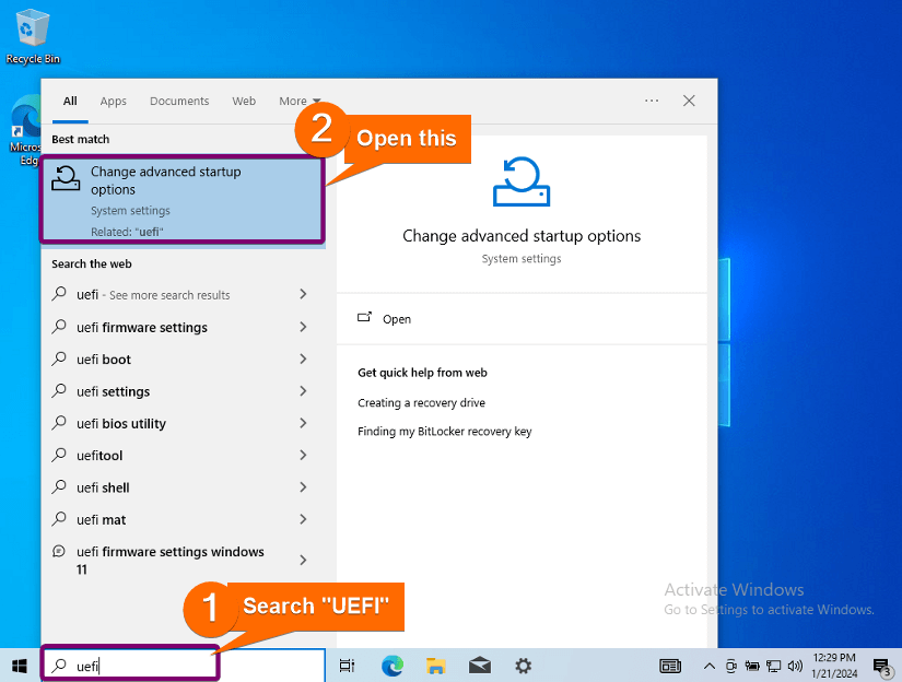 Searching UEFI in windows 10