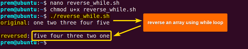bash reverse array using while loop