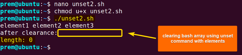 bash clear array with index assignment and unset command