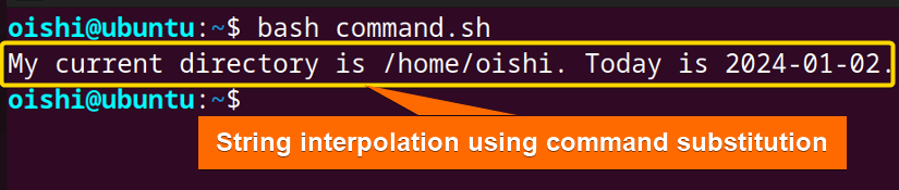 Using command substitution interpolate the string