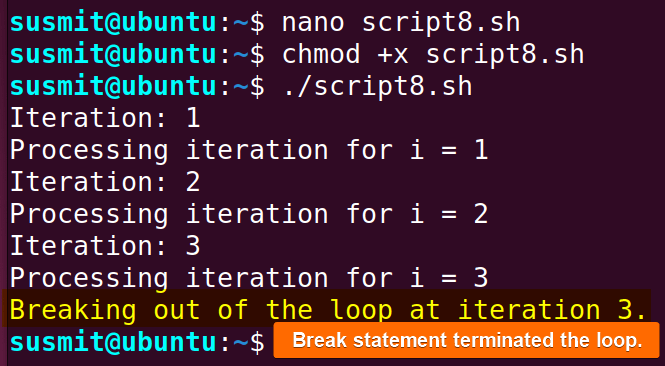 The break command terminated a loop.